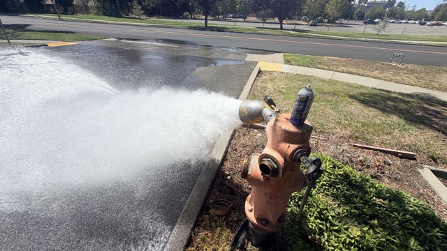 First Response flow-testing a private fire hydrant with a diffuser and pitot gauge